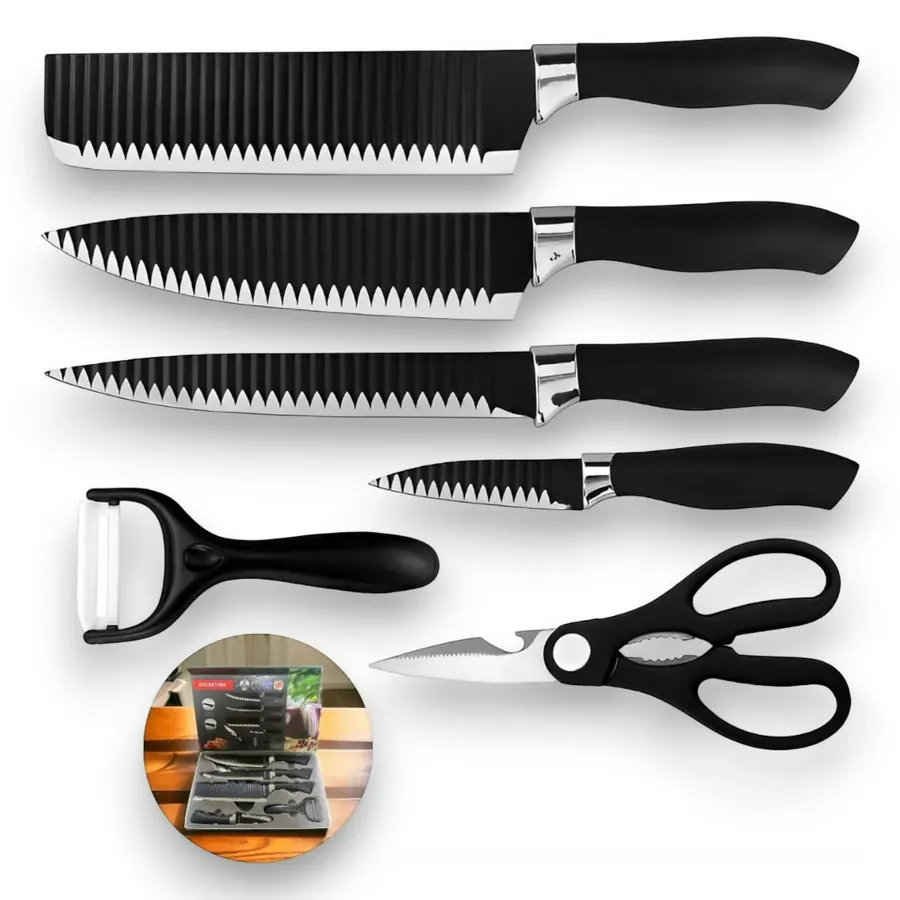 As 6 peças do kit de facas em detalhe